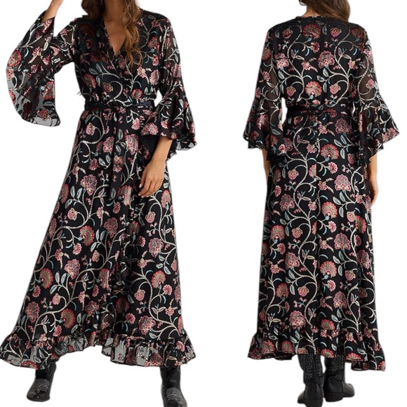 Anthropologie Talisman Black Multicolor Velvet Floral V neck Wrap Midi Dress - Picture 12 of 16